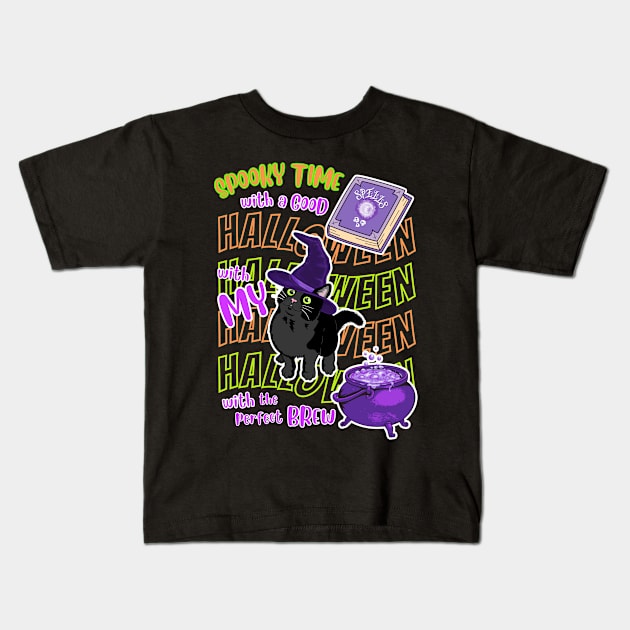 Spooky Time Black Halloween Cat Spell Book Witches Brew Kids T-Shirt by egcreations